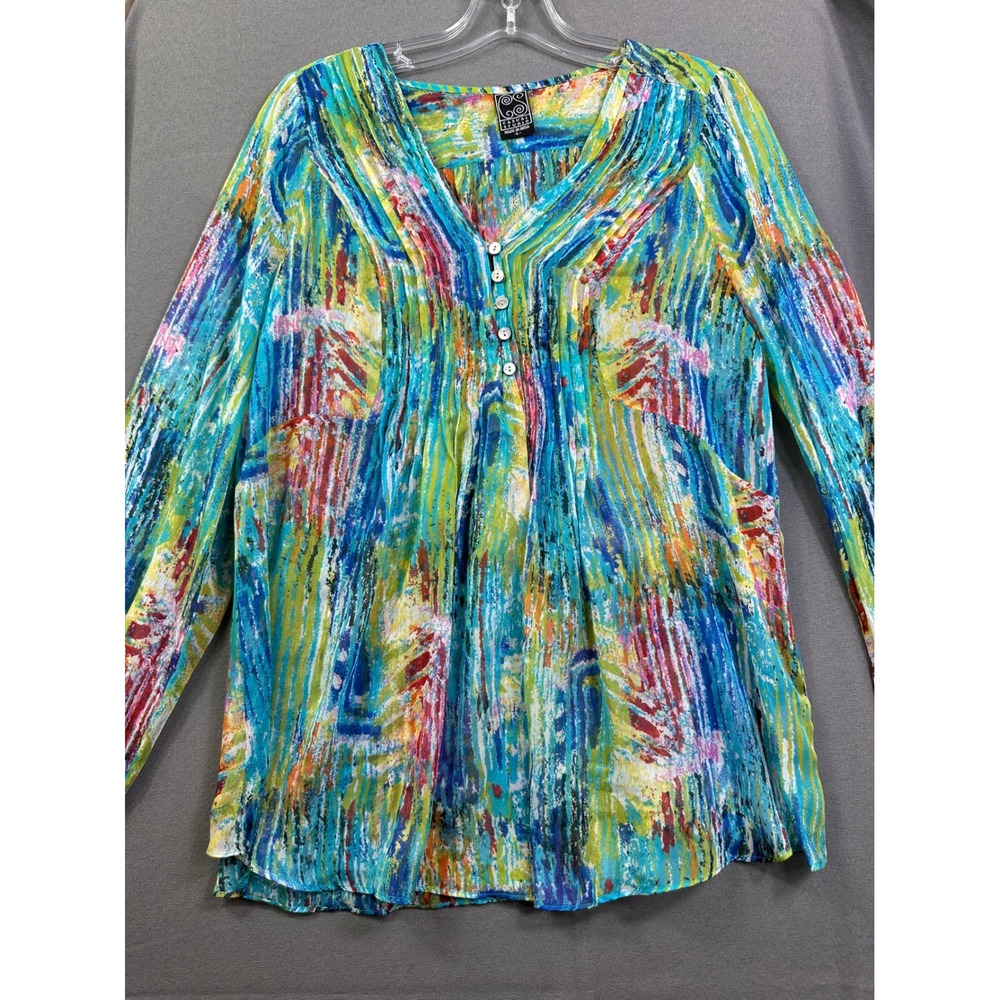 Casual Studio Women Large Abstract Print V-Neck Button Front‎ Long Sleeve Blouse